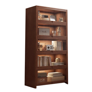 Solid Wood Dustproof Bookcase Integrated Wall Walnut Color Storage Cabinet Storage Cabinet Floor Storage Cabinet Home Bookshelf