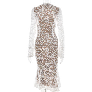 2024 winter new European and American sexy lace stitching semi-high collar long sleeve hip dress cross-border a generation of hair
