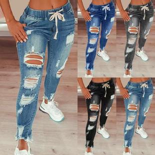 Cross-border foreign trade Europe and the United States foreign trade high waist retro college style ripped elastic waist drawstring jeans women