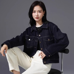Vintage dark blue POLO collar Denim coat women's 2024 spring and autumn new casual motorcycle short jacket top