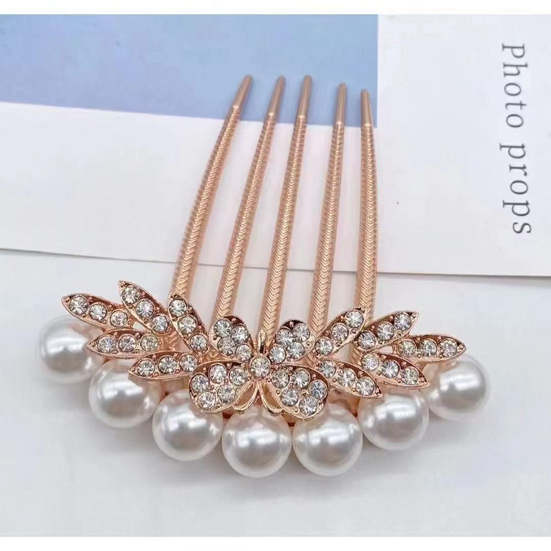 Antique Headwear Five-tooth Alloy Hair Comb Imitation Pearl Diamond Comb All-match Non-slip Hair Coil Hair Hairpin Hair Coil Artifact Hair