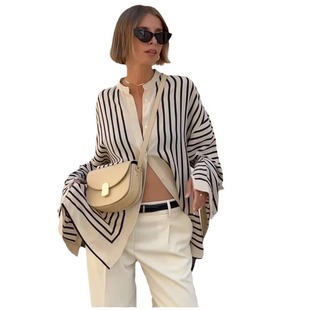European and American Cross-border 2024 Spring and Summer Women's Shirt Elegant Casual Round Neck Striped Satin Loose Shirt