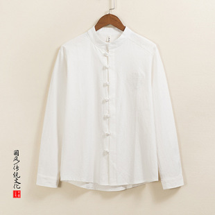 QT715-CS7011-P55 Autumn Chinese Style Cotton and Linen Long Sleeve Shirt Button Tang Suit Chinese Shirt-Red