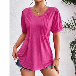 2024 Foreign Trade Cross-border Women's V-neck Solid Color Striped Short-sleeved T-shirt for Women