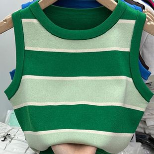 Hot Girls Short Chic American Style Camisole Women's Summer New Slim Striped Sleeveless Knit Color Contrast Top