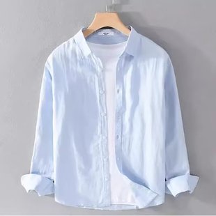 Linen Square Collar All-match Long-sleeved Shirt Men's Loose Shirt Youth Business Casual Solid Color Top Jacket