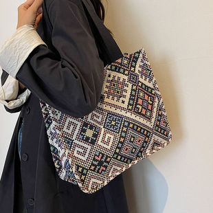 Large-capacity Ethnic Style Bag 2023 Popular Canvas Bag Hand-woven Tote Bag Women's ins Shoulder Handbag