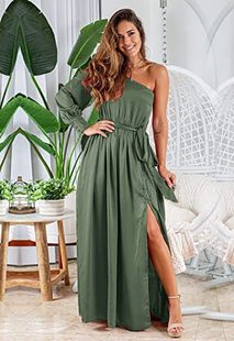 Cross-border foreign trade new long-sleeved slant collar off-shoulder belt slit dress women's dress