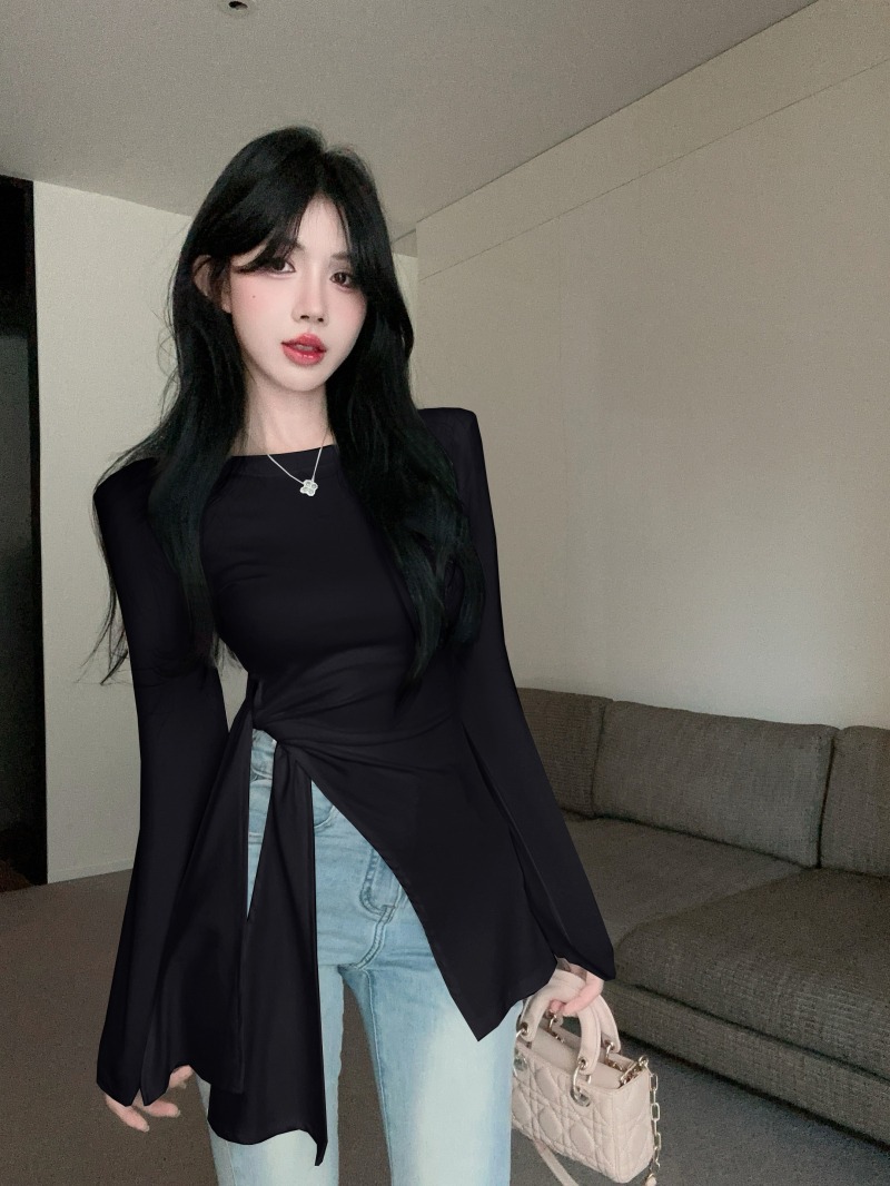 MR 모달 코튼 불규칙한 분할 허리 타이트 스트랩 긴 소매 티셔츠 여성 최고의 독특한 심한베이스 셔츠