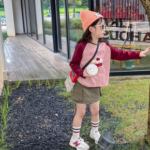 Girls' Towel Embroidered Shoulder T-shirt 2024 Spring New Children's Korean Style All-match Long-sleeved Loose Casual Top Trendy