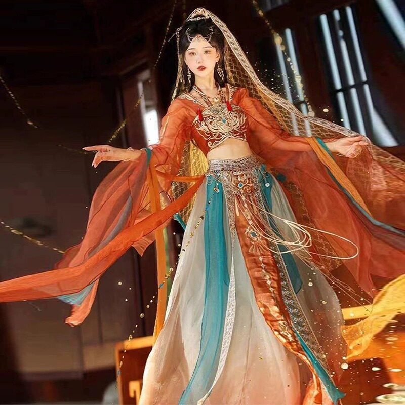 Exotic Style Hanfu Dunhuang Flying Goddess Western Region Princess Dance Costume with Heavy Embroidery, Flying Goddess Photography Studio Outfit for Summer