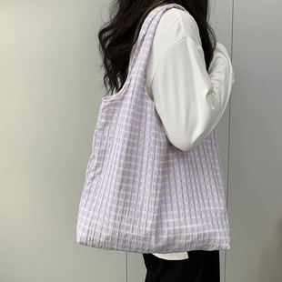 New Hollow Plaid Large Capacity Canvas Shoulder Bag Women's Thin Ins Style Fresh Student Schoolbag Fairy