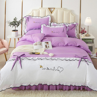 Korean-style Embroidery Sanding Four-piece Set Princess Style Lace Bed Sheet Bed Skirt Cotton Quilt Cover Live Generation Hair Set