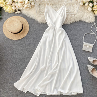 White dress Sweet Skirt Women's Summer Midi Dress A- Line Skirt Pleated, Strap, Solid Color Beach Skirt Seaside