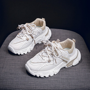 Women's Shoes Thick Sole Slim Dad Shoes 2024 Autumn New All-match Mesh Breathable Casual Running Sports White Shoes