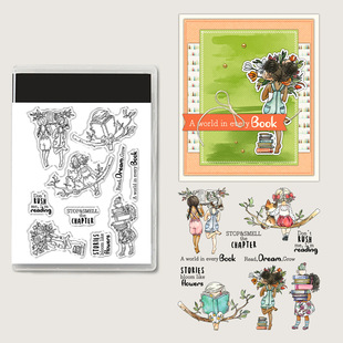 Hand Account Transparent Silicone Stamp Retro Background Basic Stamp Little Girl Reading DIY Decorative Hand Account Stamp