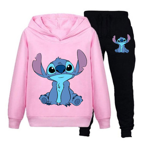 2024 Трансграничный мультфильм Stitch Stitch печатный тонкий свитерский костюм детский чехол брюки с капюшоном