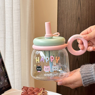 Cute water cup girls high color value summer students large capacity with straw big belly cup tea separation plastic cup
