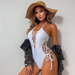 2024 New European and American One-piece Conservative Sexy Rope Swimsuit Swimsuit Women's Foreign Trade Wholesale Cross-border One Piece