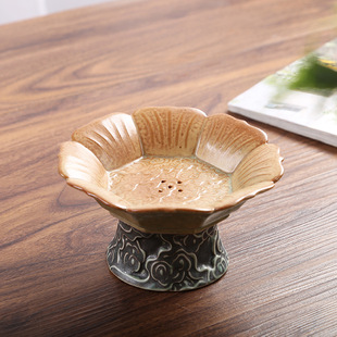 Ceramic Kiln-style Fruit Plate High-end Coffee Table Chinese-style Drain Fruit Plate Household Living Room Snack Snack High-foot Refreshment Plate