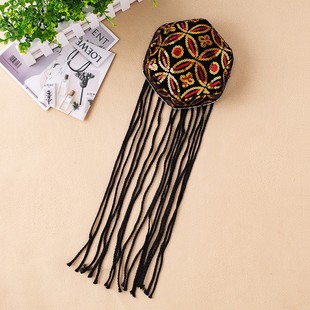 Xinjiang Dance Hat Uyghur Hat Men's and Women's Ethnic Dance Hat Performance Coat Headwear Hexagon with Braids Sequin Hat