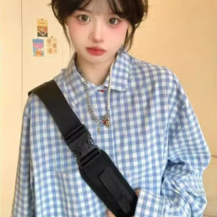 Blue Plaid Shirt Women's Summer New Korean Style Loose College Style Shirt Long Sleeve Sun Protection Top Spring and Autumn Coat