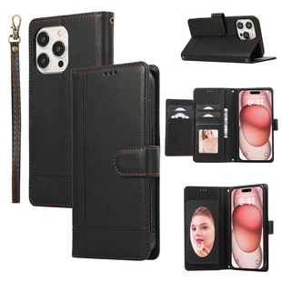 Foreign Trade iPhone15 Mirror Card Flip Leather Case Samsung S24U Simple Striped Skin-feeling Phone Case