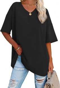 2025 Spring and Summer Hot Style European and American New Oversized Loose Women's V Neck T-Shirt Cross-Border Export Fashion Women's Clothing