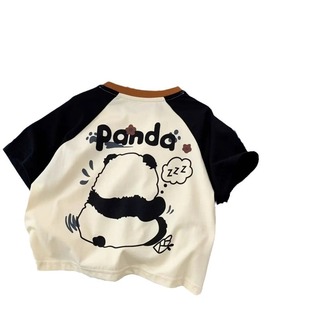 Lime 24 Children's Summer Dress New Korean Style Baby Casual T-Shirt Cute Panda Print Color Split Short Sleeves for Boys and Girls