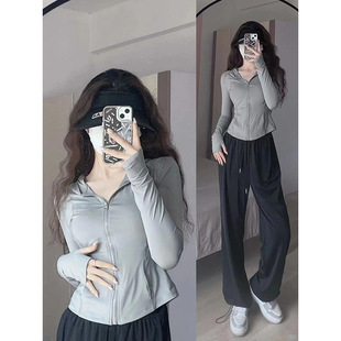 Hooded Sun-protective Clothing Women's Summer Camping New Special Ice Silk Yoga Clothing Thin Light Coat Short Top Women