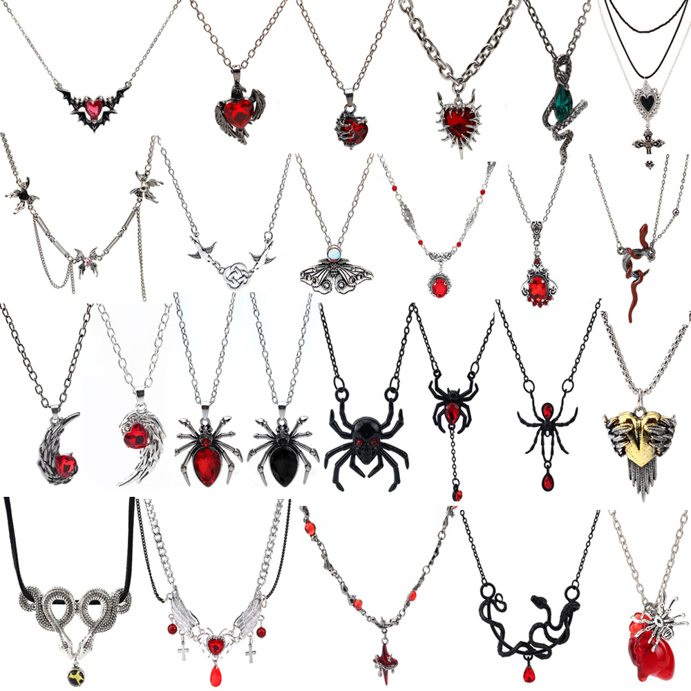 Halloween Dark Punk Trendy Necklace Cross Pendant Snake-Shaped Gemstone Heart-Shaped Red Crescent Sweater Chain