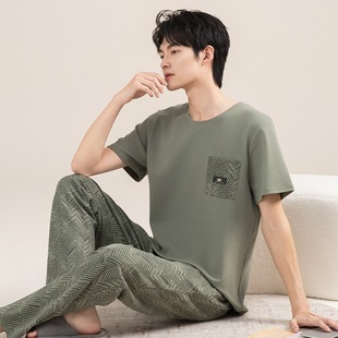 Summer cotton pajamas men's casual short-sleeved trousers pajamas teenagers comfortable simple home wear can be worn outside suit