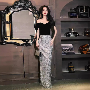One-shoulder Evening Dress Women's 2024 New High-end Feeling Banquet Host French Dress Sequin Light Luxury Art Test