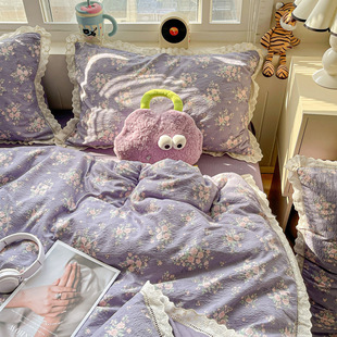 Korean-style Purple Floral Quilt Cover Class A Cotton Fresh Style Girl's Four-piece Bed Sheet Cotton Three-piece Set Winter