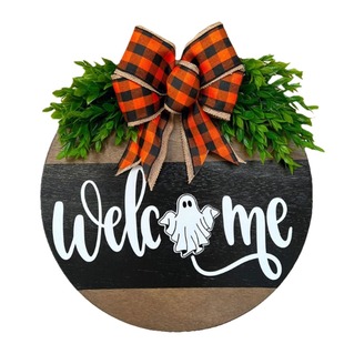 Cross-border New Halloween Party Welcome Door Pendant Front Door Decoration White Ghost Bow Wooden Hanging