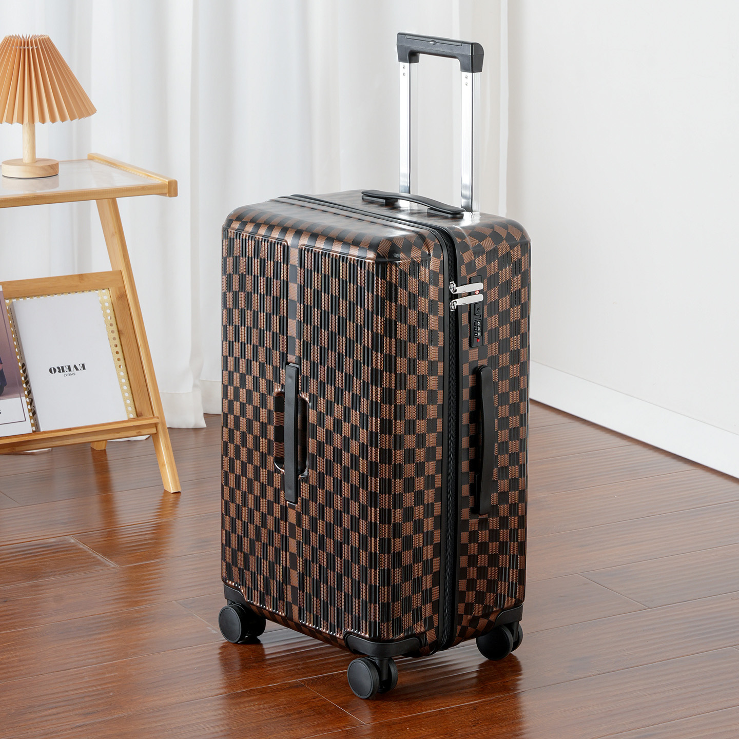 Checkerboard Pattern Trolley Suitcase for College Students, Popular Travel and Commuting Model, Silent Universal Wheels, Large Capacity, Unisex Luggage