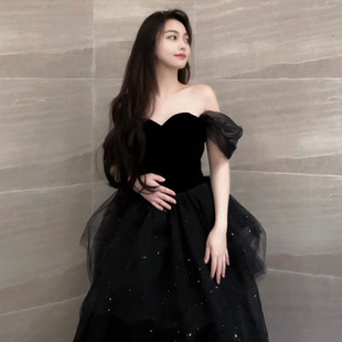 Black Evening Dress Skirt Light Luxury Niche French Pontoon Skirt Host Female Summer Art Examination Graduation Adult Ceremony Cross-border Sense