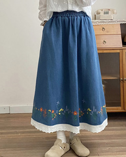 Japanese Mori-style Embroidered Parquet Denim Skirt Loose All-match Age-reducing Fresh A- line Skirt Mid-length Skirt