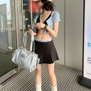Spice Girls Black Fake Two-piece Stitching Skirt High Waist A- line Striped Hip Wrappy Short Skirt Pleated Skirt