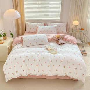 New Class A washed cotton double-layer yarn bed four-piece small floral quilt cover fitted sheet three-piece dormitory single double