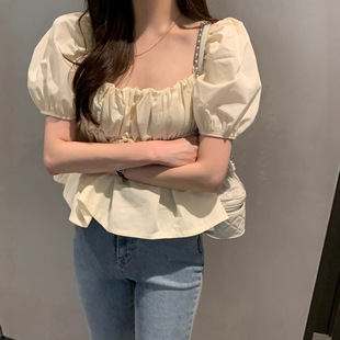 In stock. South Korea Dongdaemun 2022 Square Collar Bubble Sleeve Solid Color Tight Waist Lotus Leaf Swing Slim Doll Shirt Shirt