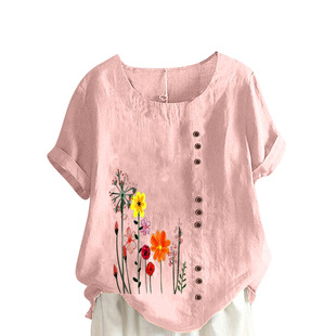 European and American Cross-border Women's Shirt Short-sleeved Single-breasted Printed Cotton and Linen Shirt Short-sleeved Round Neck Hem Split Top