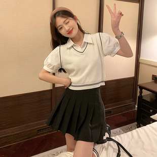 2023 New Fake Two-piece Short Knitted Women's Summer Design Sense Contrast Color Stitching Slim-fit polo Collar Short-sleeved Top