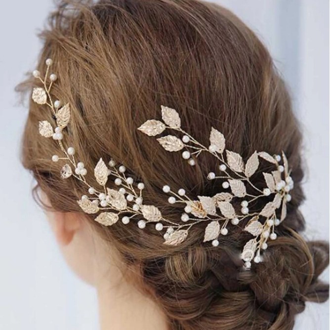 Wedding Dress Photo Studio Modeling Accessories Korean Style High-end Golden Leaf Bride Headdress Pearl Small Leaf Wedding Hair Band