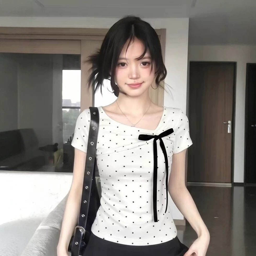 Wild Beauty Sweet Retro Polka Dot V-Neck Short Sleeve T-Shirt Women's Summer Niche Slim Fit Hot Girl Bow Top