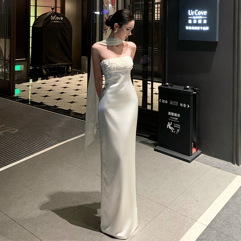 White Dress for Women, Winter High-End Socialite Evening Gown, Heavy Sequined Satin Strapless Bodycon Long Dress