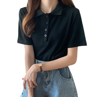 2022 Summer Hong Kong Style Elegant Short Solid Color Slim-fit Slimming Top Women's Pit Polo Lapel Short-sleeved T-shirt Trendy
