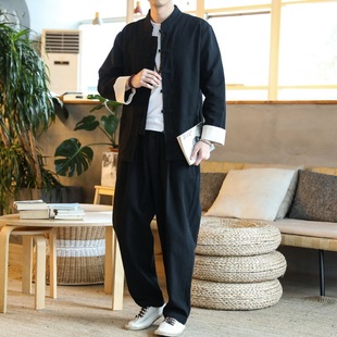 2023 new men's cotton chic long-sleeved trousers suit spring and summer Chinese style plus size trendy retro buckle two-piece set