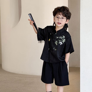 Children's suit 2024 summer new panda embroidered shirt tide fan boys Chinese national style jacket a generation of hair