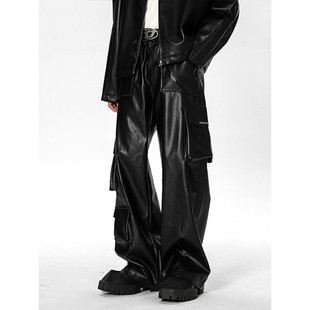 American Hip-Hop Punk Leather Pants Men's Autumn West Coast Fried Street Tooling Pants High Street Fashion Brand Multi-Pocket Long